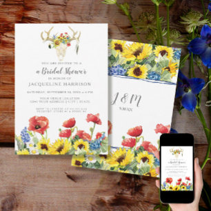 Bridal Shower BOHO Deer Skull Antler w Sunflowers Invitation