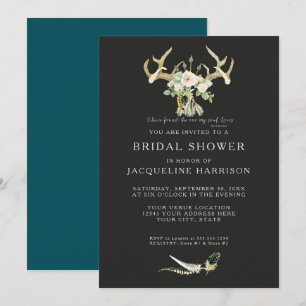 Bridal Shower BOHO Feathers Deer Antler Roses Art Invitation