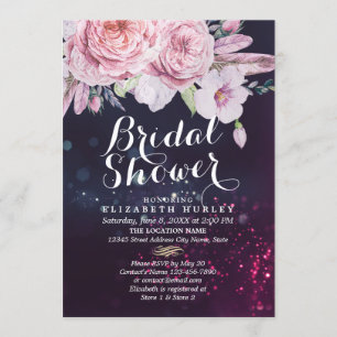 Bridal Shower Boho Floral Feathers & Purple Lights Invitation