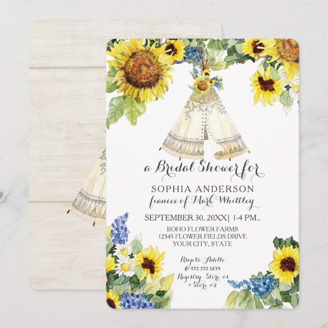 Bridal Shower BOHO Floral Teepee Sunflower Daisy Invitation (Front/Back)