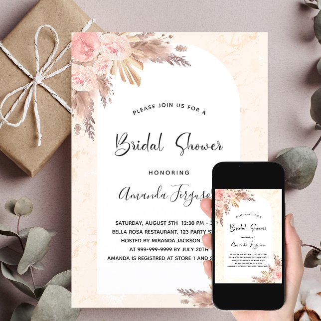 Bridal shower boho pampas grass rose gold blush invitation (Creator Uploaded)