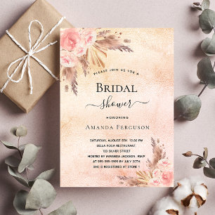 Bridal shower boho pampas grass rose gold luxury invitation
