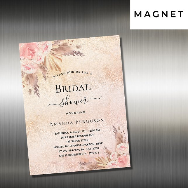 Bridal shower boho pampas grass rose gold luxury magnetic invitation (Creator Uploaded)
