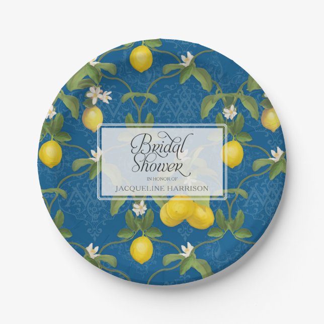 Bridal Shower BOHO Royal Blue Lemon Flower Citrus Paper Plate (Front)