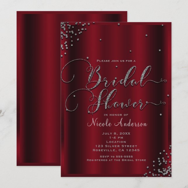 Bridal Shower Bold Red  & Silver Confetti Corners Invitation (Front/Back)