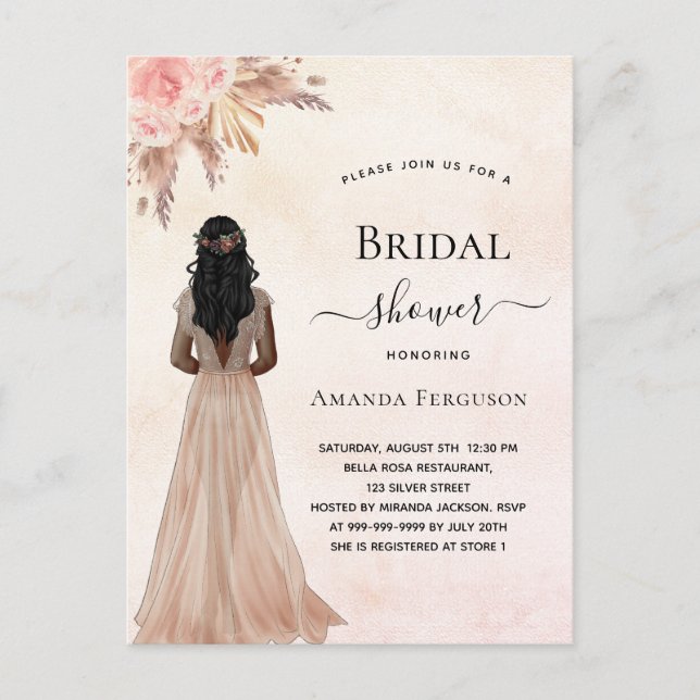Bridal shower bride rose gold pampas boho invitation postcard (Front)