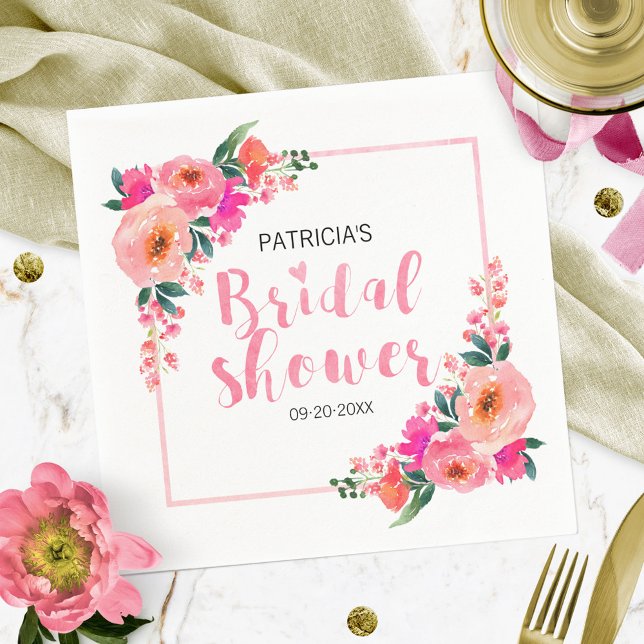 Bridal Shower Bright Pink Watercolor Floral Napkin (Creator Uploaded)