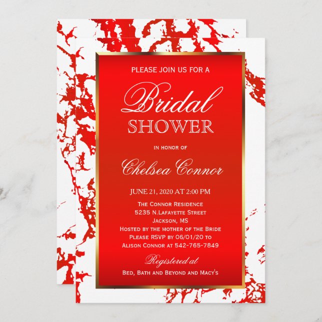 Bridal Shower - Bright Red Marble, White & Gold Invitation (Front/Back)