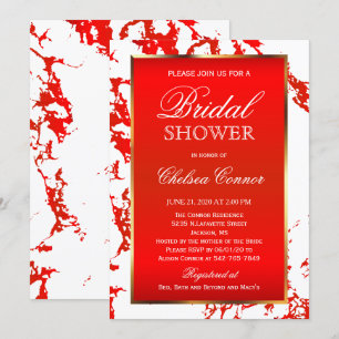 Bridal Shower - Bright Red Marble, White & Gold Invitation