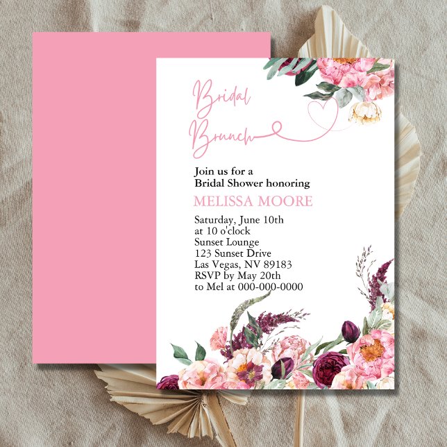 Bridal Shower Brunch Boho Pink Burgundy Peony Rose Invitation (Creator Uploaded)