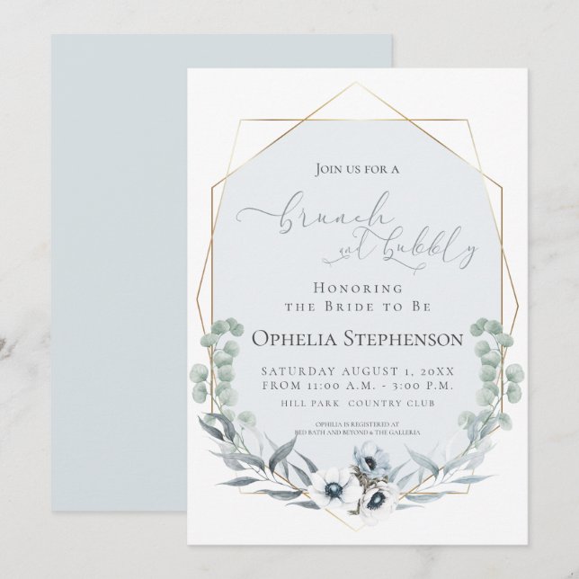 BRIDAL SHOWER | Brunch & Bubbly Dusty Blue Floral Invitation (Front/Back)