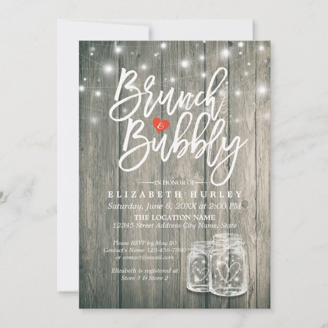 Bridal Shower Brunch Bubbly Rustic Wood Mason Jar Invitation (Front)