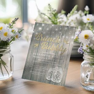 Bridal Shower Brunch Bubbly Rustic Wood Mason Jar Invitation