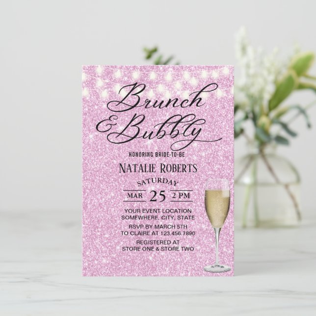 Bridal Shower Brunch Modern Champagne Sparkle Pink Invitation (Standing Front)