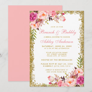 Bridal Shower Brunch Pink Floral Gold Glitter Invitation