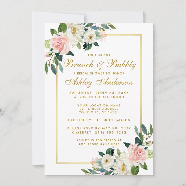 Bridal Shower Brunch Pink Floral Gold Invitation (Front)