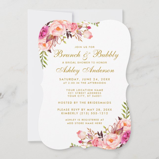 Bridal Shower Brunch Pink Floral Gold Invitation (Front)
