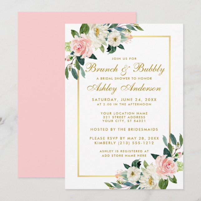 Bridal Shower Brunch Pink Floral Gold Invitation P (Front/Back)