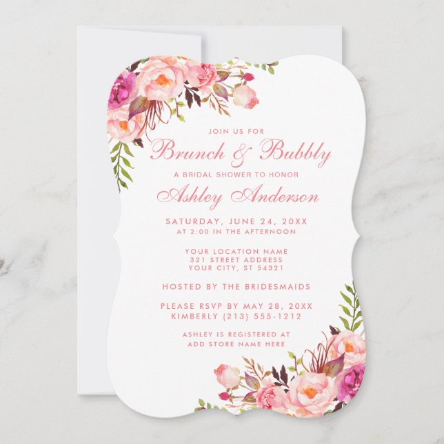 Bridal Shower Brunch Pink Floral Invitation (Front)
