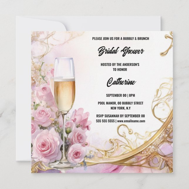 Bridal shower bubbly brunch pink rose flower chic holiday card (Front)