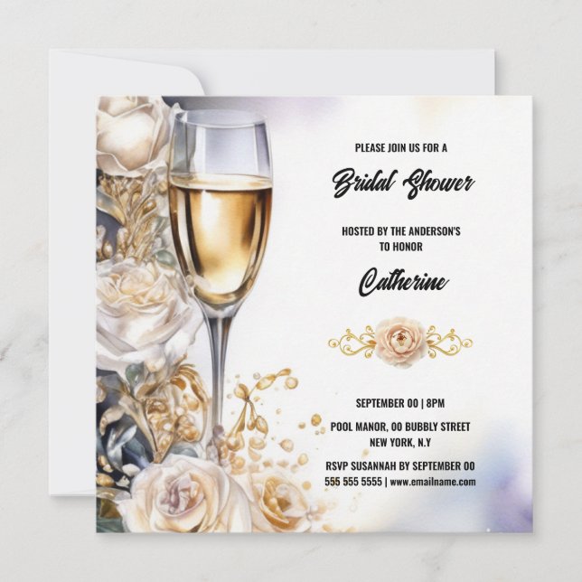 Bridal shower bubbly white rose watercolor elegant holiday card (Front)