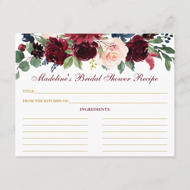 Bridal Shower Burgundy Blue Floral Gold Recipe Advice Card (Front)