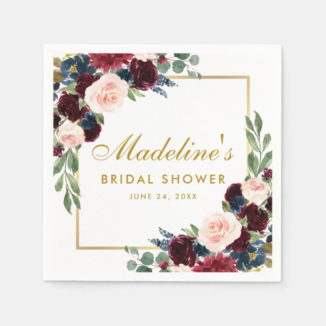 Bridal Shower Burgundy Blue Floral Gold White Napkin (Front)