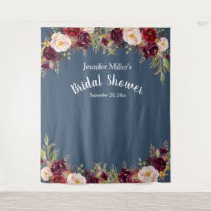 Bridal Shower Burgundy Blue Floral Name Photo Prop Tapestry