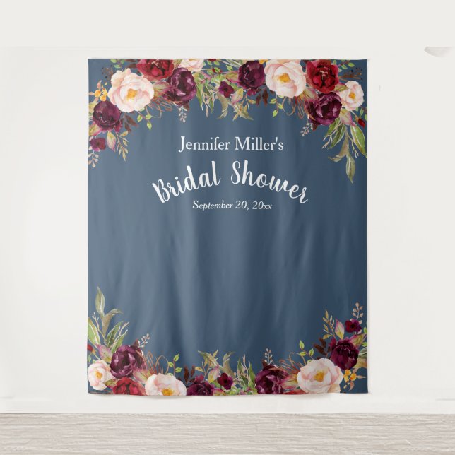 Bridal Shower Burgundy Blue Floral Name Photo Prop Tapestry (Front)