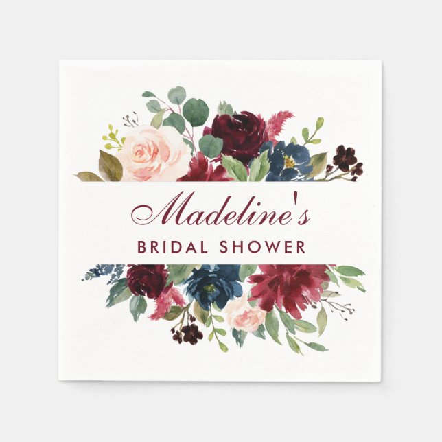 Bridal Shower Burgundy Blue Floral Napkin (Front)