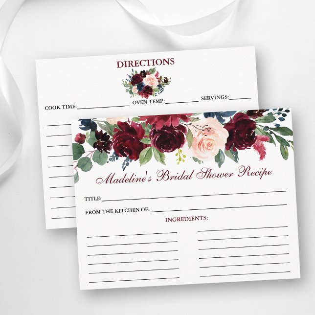 Bridal Shower Burgundy Blue Floral Recipe Card (Customize to change text color, size or text style.)