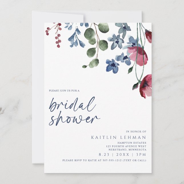 Bridal Shower Burgundy & Blue Wildflower Invitation (Front)