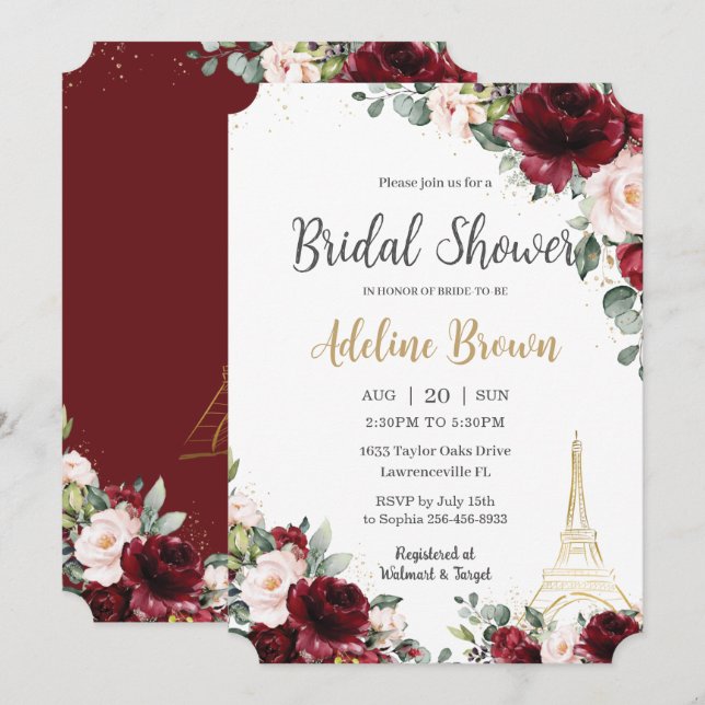Bridal Shower Burgundy Blush Floral Eiffel Paris Invitation (Front/Back)