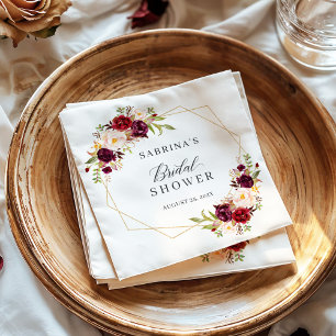 Bridal Shower Burgundy Blush Floral Gold Geometric Napkin