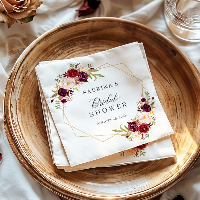 Bridal Shower Burgundy Blush Floral Gold Geometric Napkin (Creator Uploaded)