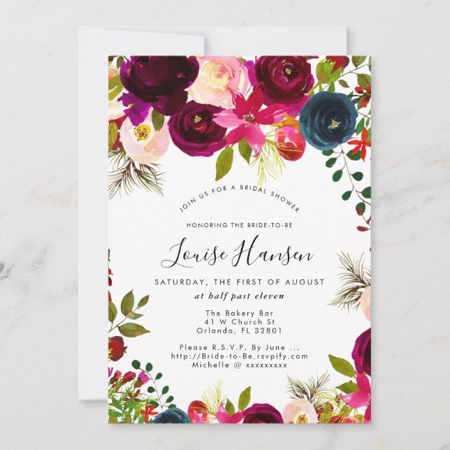 Bridal Shower, Burgundy, Blush+Navy Watercolor Announcement (Front)
