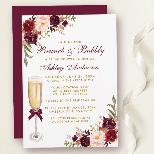 Bridal Shower Burgundy Floral Brunch Bubbly Gold Invitation (Customize to change text color, size, style or to change color of back of card.)