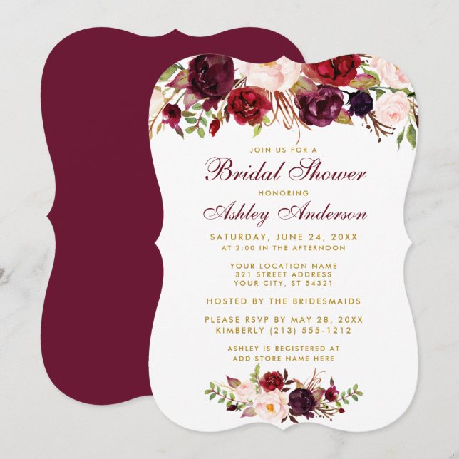 Bridal Shower Burgundy Floral Gold Invitation BR (Front/Back)
