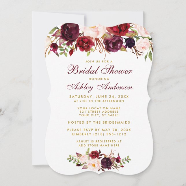 Bridal Shower Burgundy Floral Gold Invitation BWR (Front)