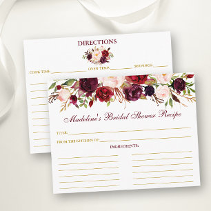 Bridal Shower Burgundy Floral Gold Recipe Card