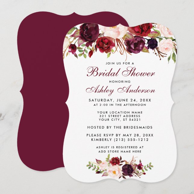 Bridal Shower Burgundy Floral Invitation BR (Front/Back)