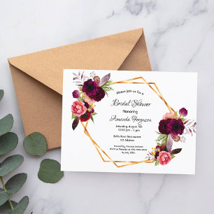 Bridal shower burgundy floral rose gold invitation postcard