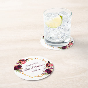 Bridal shower burgundy flowers geometric gold round paper coaster