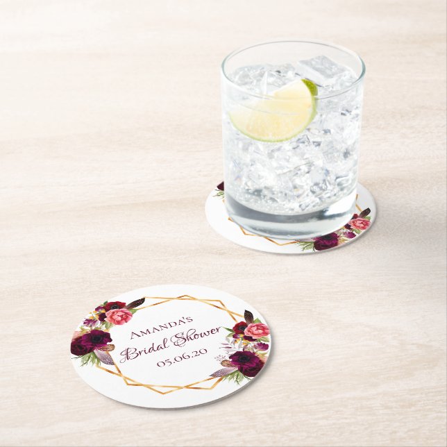 Bridal shower burgundy flowers geometric gold round paper coaster (Insitu)