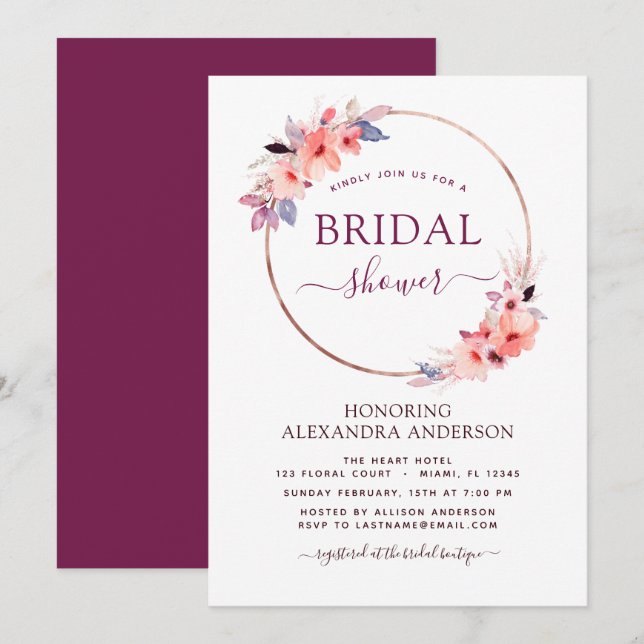 Bridal Shower Burgundy Geometric Spring Floral Invitation (Front/Back)