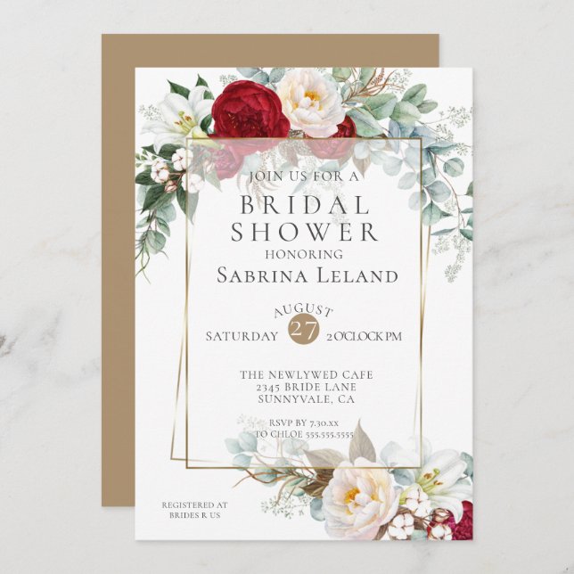 Bridal Shower | Burgundy Peony Floral Frame Invitation (Front/Back)