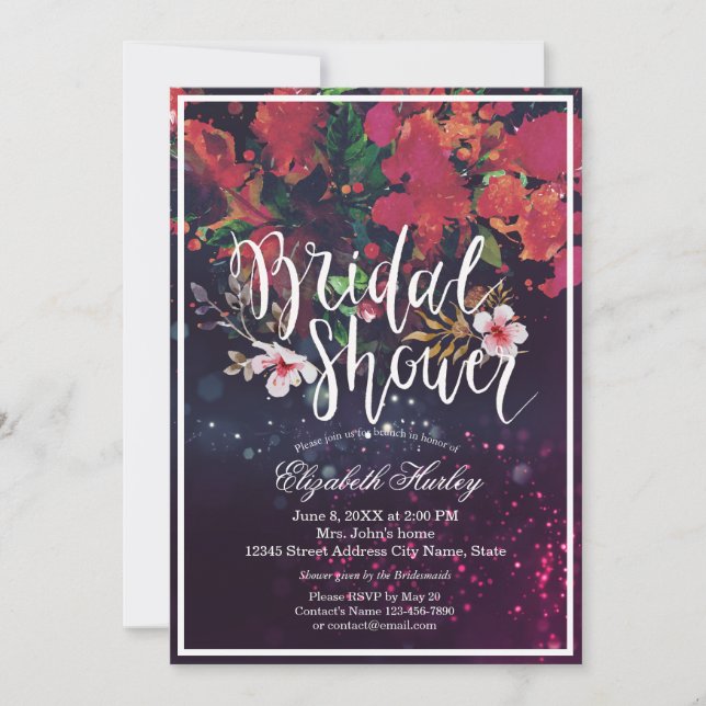 Bridal Shower Burgundy Red Floral Purple Lights Invitation (Front)