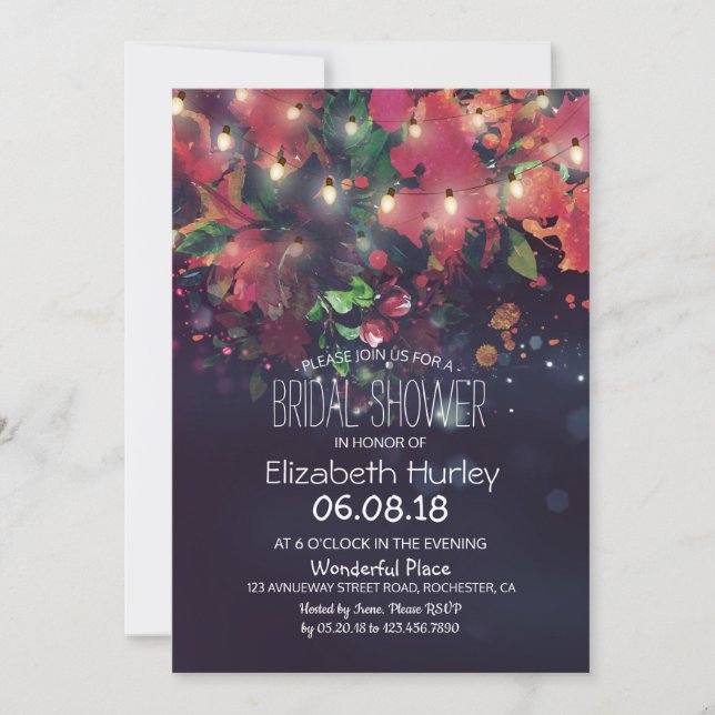 Bridal Shower Burgundy Red Floral Purple Lights Invitation (Front)