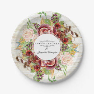 Bridal Shower Burgundy Rose Floral Watercolor Wood Paper Plate