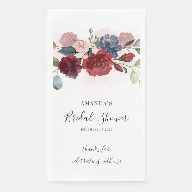 Bridal Shower Burgundy Rustic Floral Custom Napkin (Front)